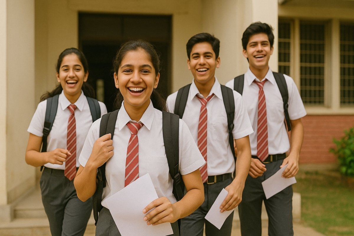 Group of happy Indian high school students exiting an exam hall, smiling and holding answer sheets, wearing school uniforms with backpacks.