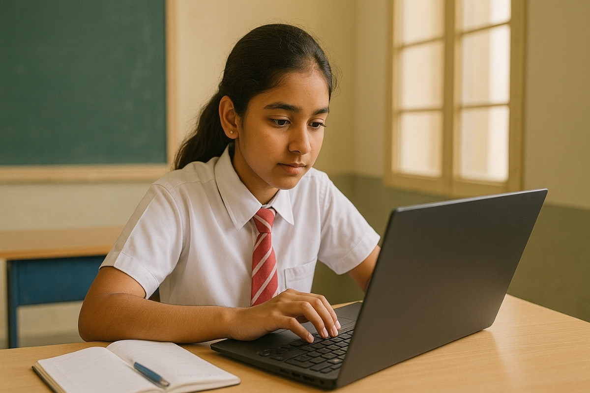 Indian school student studying on a laptop at a desk in classroom, focused and engaged in online learning